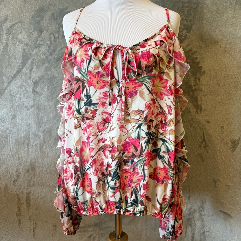 Gianni Bini Floral Ruffle Summer Vacation Blouse Wmn’s Sz L